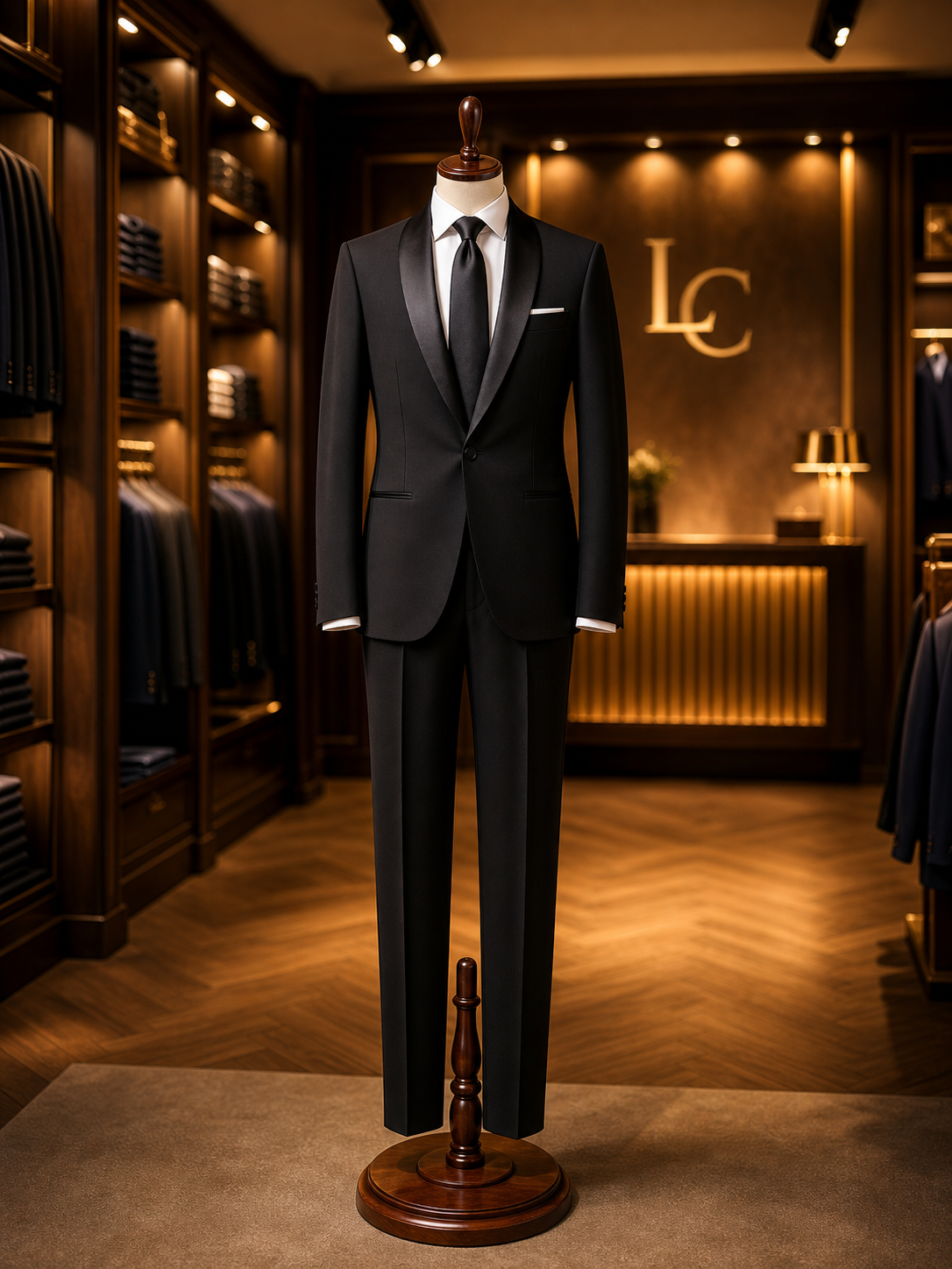 Costume smoking noir luxe sur mannequin dans une boutique