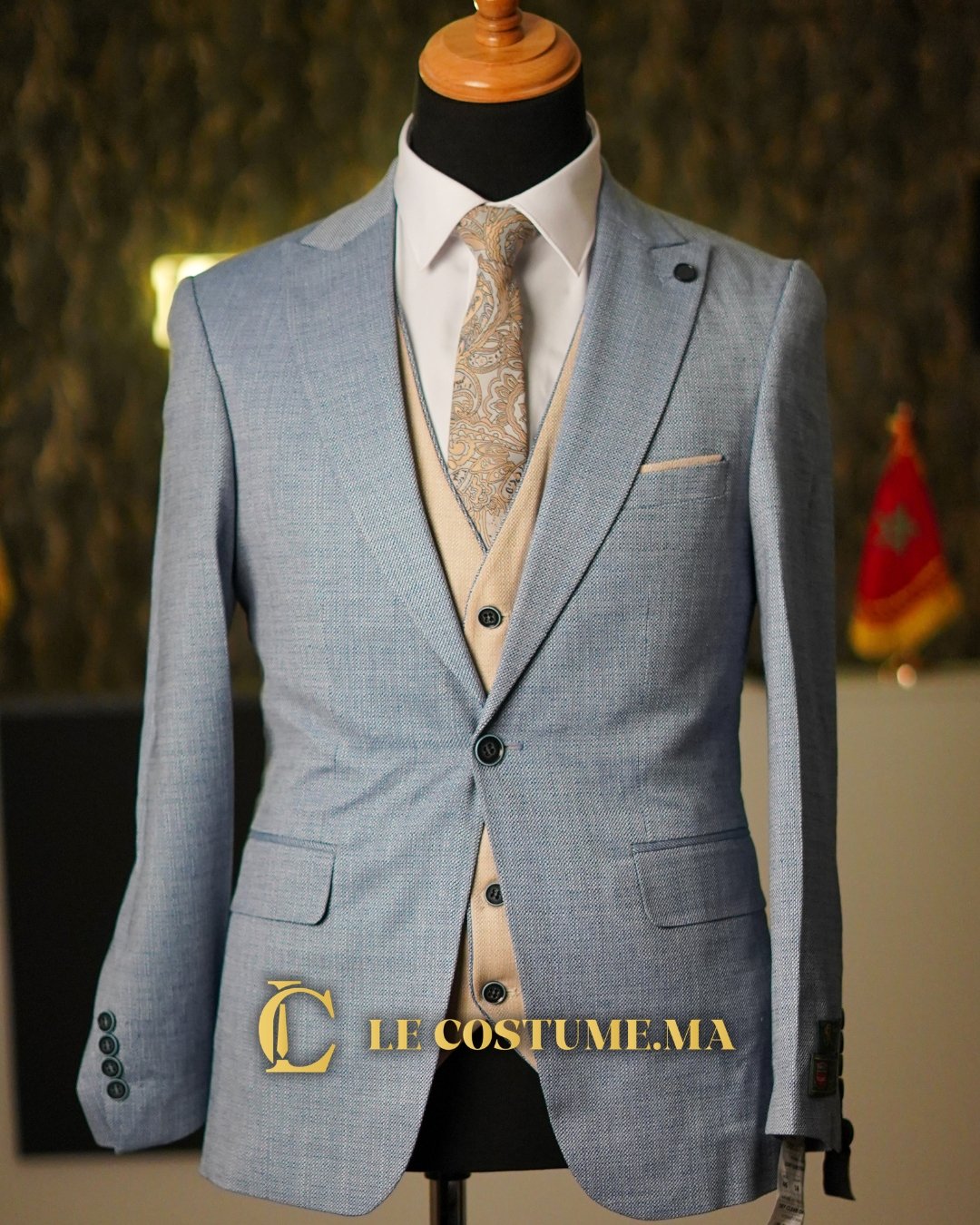 Costume Bleu Beige 3 Pièces
